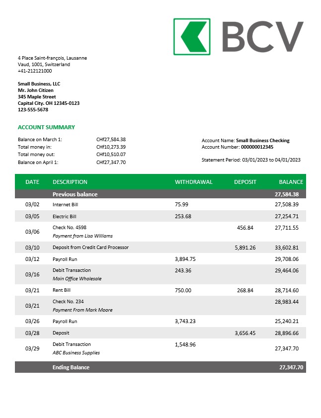 Modèle Word et PDF d'extrait de compte société Banque BCV